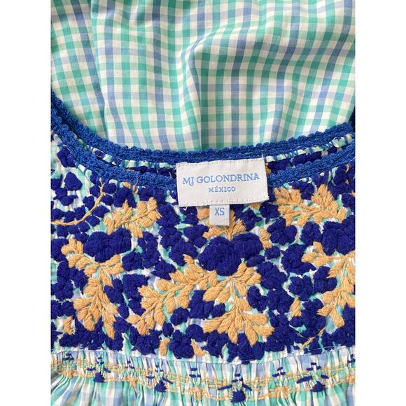Mi Golondrina Flores Embroidered Mexican Top Blouse Blue Gingham Tuckernuck - Picture 3 of 4